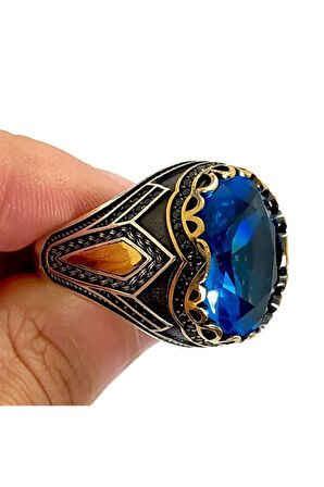 Aquamarin Taşlı Gümüş Erkek Yüzük Avangart Model