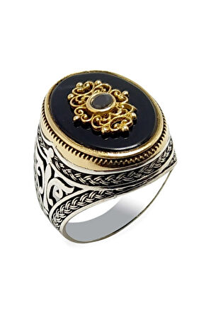 Otantik Motifli Siyah Taşlı Erkek Gümüş Yüzük