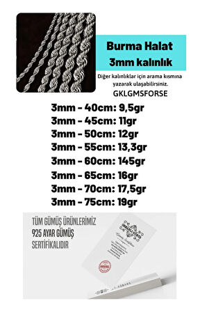 Erkek Gümüş Kolye - 3mm Burma Model Halat Gümüş Kolye Zincir Gklhltburma-gms