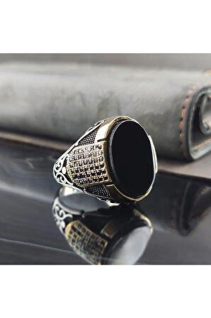 Mikro Taşlı Siyah Oniks Gümüş Erkek Yüzük Gyzgmsogumu