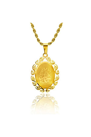 Kadın Altın Renk Muhammed Yazılı Çelik Burma Zincir Kolye