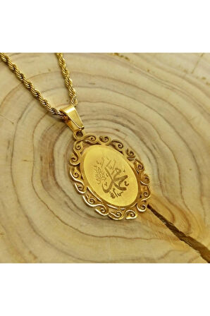 Kadın Altın Renk Muhammed Yazılı Çelik Burma Zincir Kolye