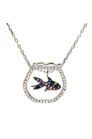 Kadın Gümüş Kolye - Zirkon Taşlı Balık Figürlü Akvaryum Model Gümüş Kolye
