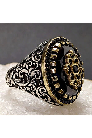 Siyah Zirkon Taşlı Sarmaşık Desenli Gümüş Erkek Yüzük