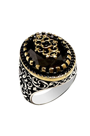 Siyah Zirkon Taşlı Sarmaşık Desenli Gümüş Erkek Yüzük