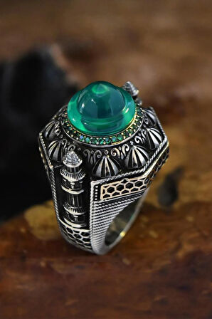 Islam Usta Tasarımı Yeşil Kubbe Model Gümüş Erkek Yüzük Gyzıslmst11-gms