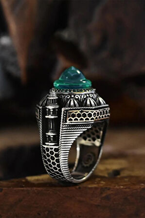 Islam Usta Tasarımı Yeşil Kubbe Model Gümüş Erkek Yüzük Gyzıslmst11-gms