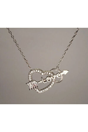 Kalpli Oklu Love Kadın Gümüş Kolye Orta Boy