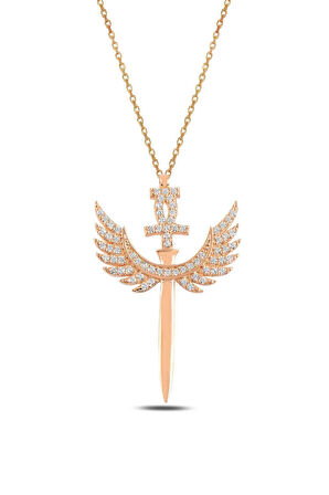 Zirkon Taşlı Rose Mikailin Kılıcı Kadın Gümüş Kolye Gklmklklcm1-ros