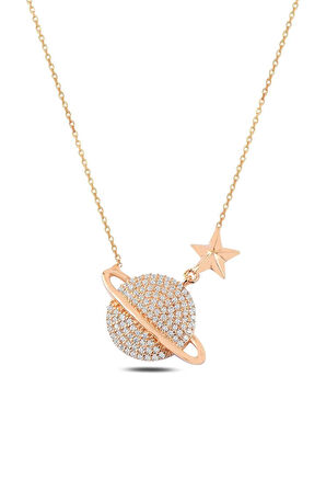 Zirkon Taşlı Rose Yıldızlı Satürn Model Gümüş Kadın Kolye Gklstrnmdl1-ros