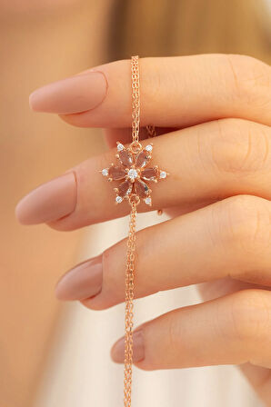 Kadın Gümüş Bileklik - Kahverengi Taşlı Çiçek Model Rose Kadın Gümüş Bileklik