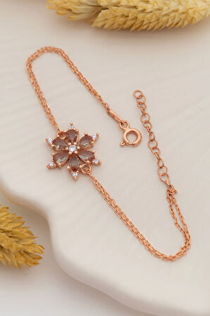 Kadın Gümüş Bileklik - Kahverengi Taşlı Çiçek Model Rose Kadın Gümüş Bileklik