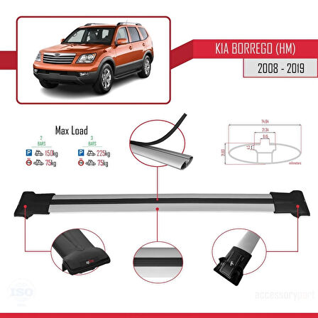 Kia Borrego (HM) 2008-2019 Arası ile Uyumlu FLY Model Ara Atkı Tavan Barı Gri 2 Adet