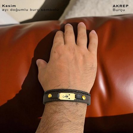 14 Ayar Altın Plakalı Akrep Burçları İçin Kahverengi Derili Dikdörtgen Figürlü Hediye Bileklik-602