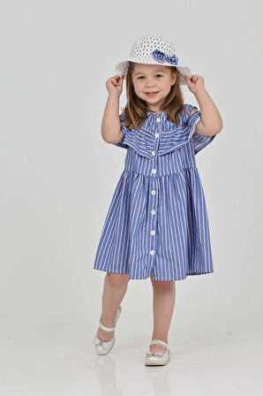Mavi Kız Çocuk Boydan Düğmeli Şapkalı Elbise-6020490