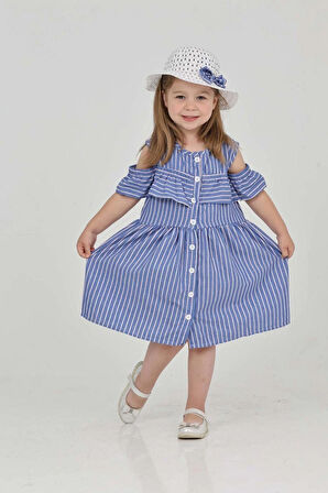 Mavi Kız Çocuk Boydan Düğmeli Şapkalı Elbise-6020490