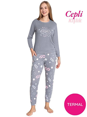 Kadın Bisiklet Yaka Düğmesiz Kışlık Termal Bilek Manşetli Jogger Uzun Kol Cepli Pijama Takımı