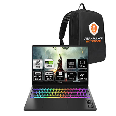 HP OMEN Max 16 Ultra 9 275HX 64GB 4TB SSD RTX5080/16GB 16'' 240Hz WQXGA W11P Gaming Laptop & ÇANTA