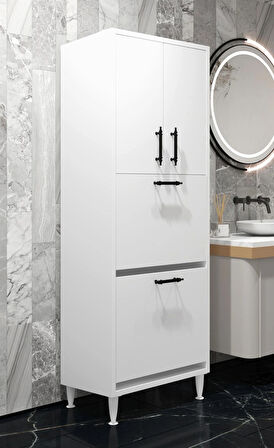 Nergiz Beyaz ve Renkli Kirli Çamaşır Sepetli Çok Amaçlı Banyo Dolabı