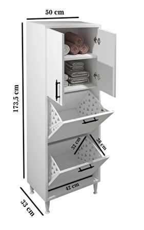 Nergiz Beyaz ve Renkli Kirli Çamaşır Sepetli Çok Amaçlı Banyo Dolabı