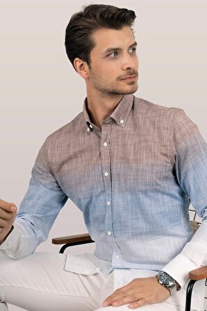 Panolu Kahve Mavi Geçişli Slimfit Keten Gömlek