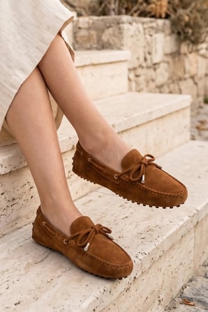 Kadın Taba Deri Süet Loafer Ayakkabı