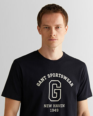 GANT Erkek Siyah Regular Fit Bisiklet Yaka Logolu T-Shirt