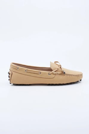 Bej Hakiki Deri Bağcıklı Kadın Loafer Ayakkabı