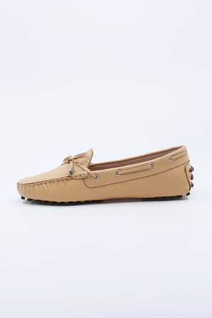 Bej Hakiki Deri Bağcıklı Kadın Loafer Ayakkabı