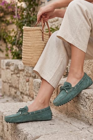 Kadın Yeşil Deri Süet Loafer Ayakkabı
