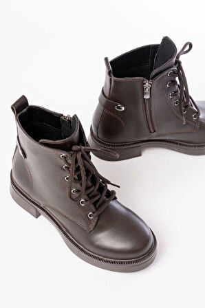 Kahve Cilt Bağcıklı Fermuarlı Günlük Kadın Bot