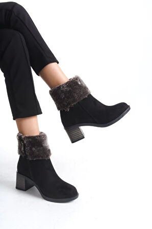 Katya Fermuarlı Ortopedik Taban Topuklu Kürk Detaylı Süet Kadın Bot  St - Siyah