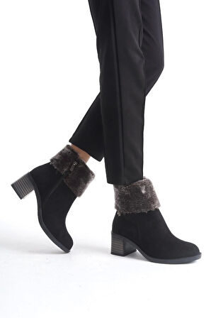 Katya Fermuarlı Ortopedik Taban Topuklu Kürk Detaylı Süet Kadın Bot  St - Siyah