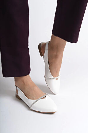 Allıson Tokalı Ortopedik Rahat Taban Taş Detaylı Kadın Babet Ayakkabı  Kt - Beyaz