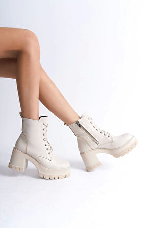 Lauren Bağcıklı Fermuarlı Ortopedik Taban Topuklukadın Bot  Kt - Krem