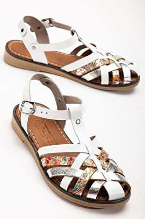 Beyaz Garni Ortopedik Hakiki Deri Kadın Sandalet