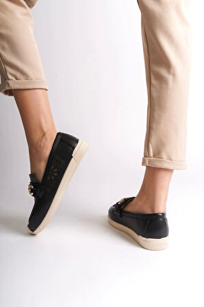 Layla Bağcıksız Ortopedik Rahat Taban Çiçek Desenli Kadın Babet Ayakkabı  Kt - Siyah