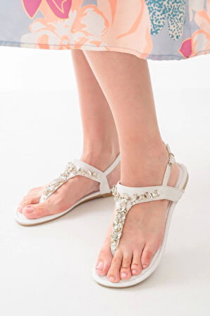 Beyaz Gümüş Taşlı Parmak Arası Kadın Sandalet