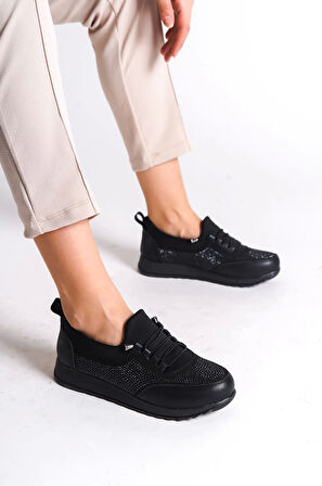 Vıolet Bağcıklı Lastikli Ortopedik Rahat Taban Taş Detaylı Klasik Kadın Babet Anne Ayakkabısı  St - Siyah