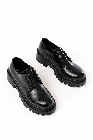 Siyah Kroko Bağcıklı Günlük Yüksek Tabanlı Loafer Ayakkabı