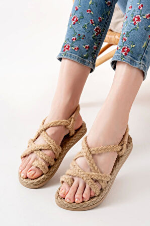 Bej Hasır Kadın Sandalet