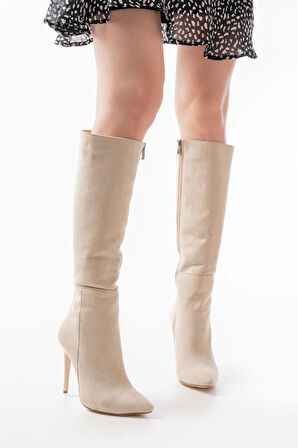 Bej Süet Fermuarlı Lastikli İnce Yüksek Topuklu Kadın Çizme