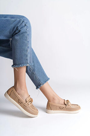 Lızy Bağcıksız Ortopedik Rahat Taban Çiçek Desenli Kadın Babet Ayakkabı Kt - Ten