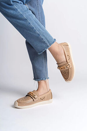 Lızy Bağcıksız Ortopedik Rahat Taban Çiçek Desenli Kadın Babet Ayakkabı Kt - Ten