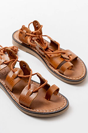 Taba Bilekten Bağlamalı Ortopedik Hakiki Deri Kadın Sandalet