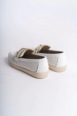 Lıly Bağcıksız Ortopedik Rahat Taban Kalp Desenli Kadın Babet Ayakkabı  Kt - Beyaz