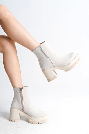 Lısse Fermuarlı Ortopedik Taban Kalın Topuklu Süet Kadın Bot  Kt-  Krem