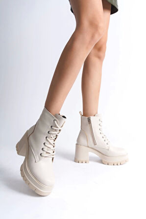 Lauren Bağcıklı Fermuarlı Ortopedik Taban Topuklukadın Bot  Kt - Krem