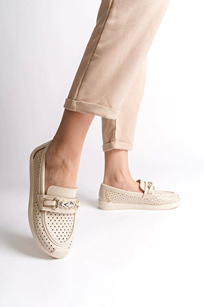 Lıly Bağcıksız Ortopedik Rahat Taban Kalp Desenli Kadın Babet Ayakkabı  Kt - Krem