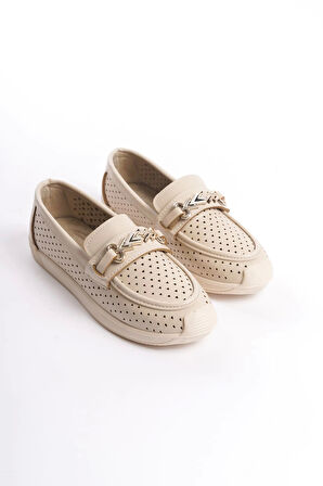 Lıly Bağcıksız Ortopedik Rahat Taban Kalp Desenli Kadın Babet Ayakkabı  Kt - Krem